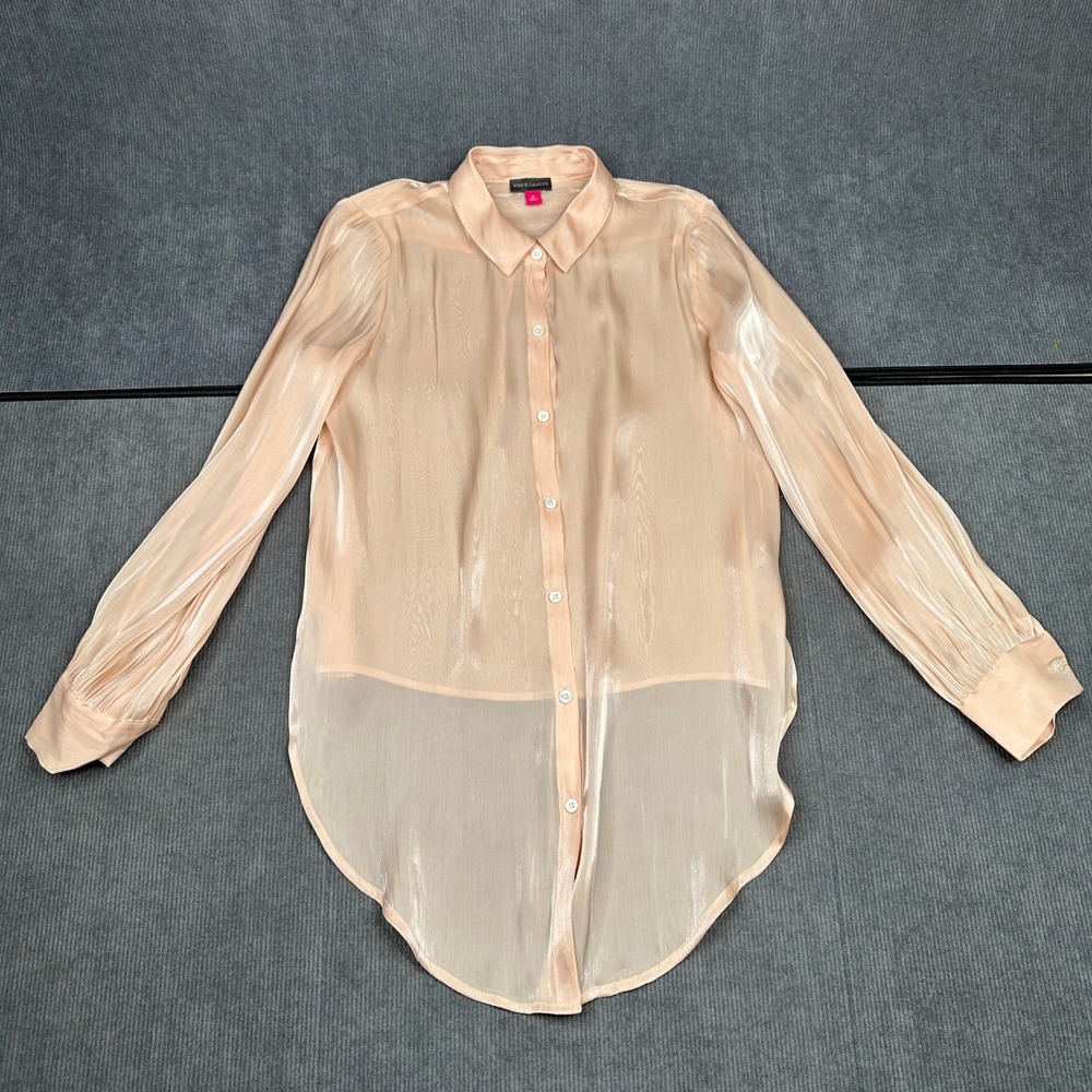 Vince Camuto Peach Shimmer High Low Silk Button Down Blouse Y2k XS L/S Top